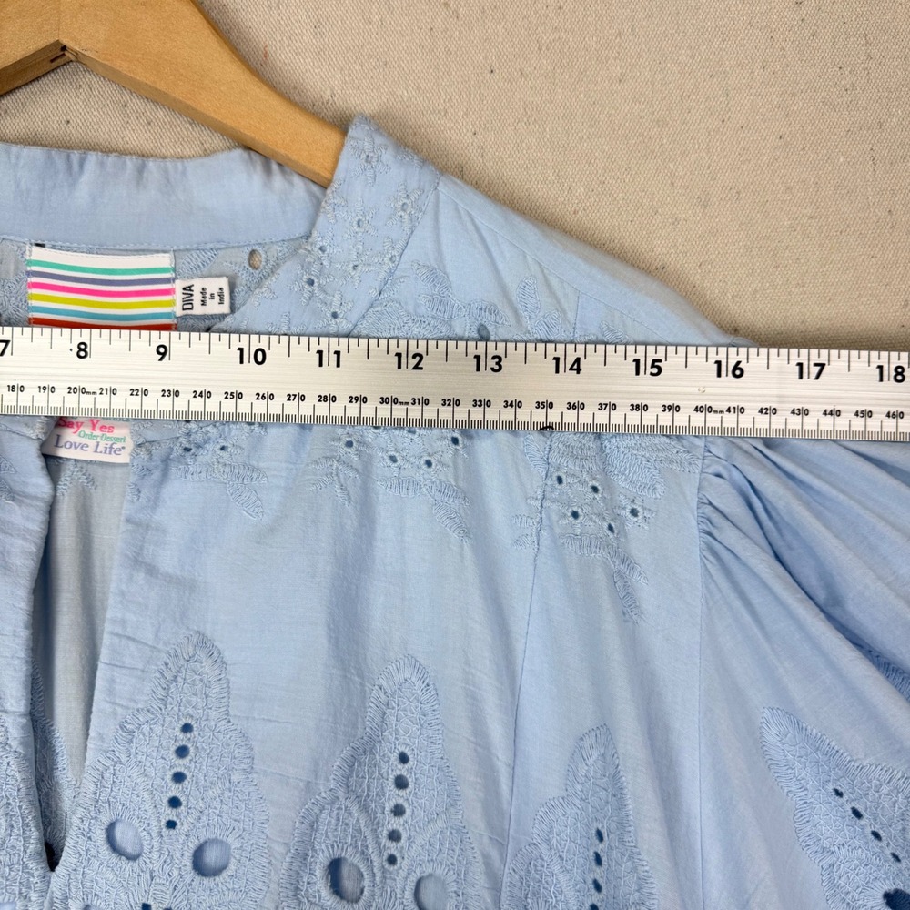 Gretchen Scott La Di Da Blue Eyelet Cotton Midi Dress Diva Pockets L Feminine - Picture 11 of 16
